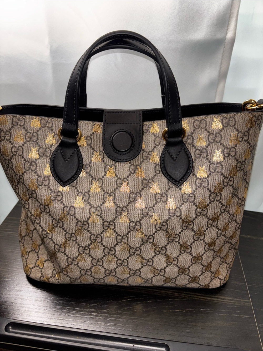 Gucci GG Supreme Canvas Tote with Gold Bee Motif and Black Trim